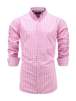 Emiqude Men's 100% Cotton Slim Fit Long Sleeve Plaid Button Down Dress Shirt