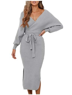 Sexyshine Women's Sexy Deep V-Neck Long Batwing Sleeve Backless Mini Slim Fit Bodycon Pencil Knit Sweater Dress with Belt