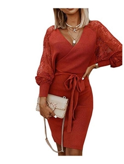 Sexyshine Women's Sexy Deep V-Neck Long Batwing Sleeve Backless Mini Slim Fit Bodycon Pencil Knit Sweater Dress with Belt