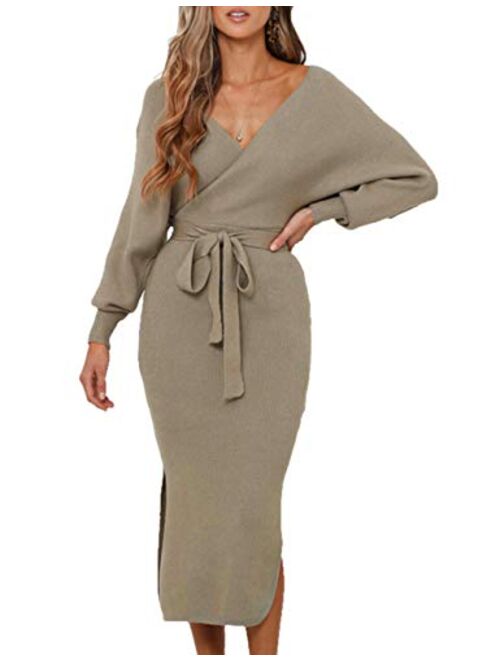 Sexyshine Women's Sexy Deep V-Neck Long Batwing Sleeve Backless Mini Slim Fit Bodycon Pencil Knit Sweater Dress with Belt