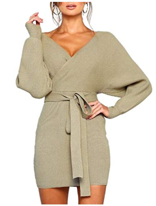 Sexyshine Women's Sexy Deep V-Neck Long Batwing Sleeve Backless Mini Slim Fit Bodycon Pencil Knit Sweater Dress with Belt