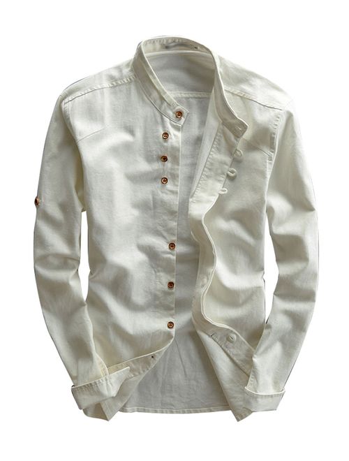 utcoco Men's Vintage Linen Stand Collar Button Up Shirt Long Sleeve