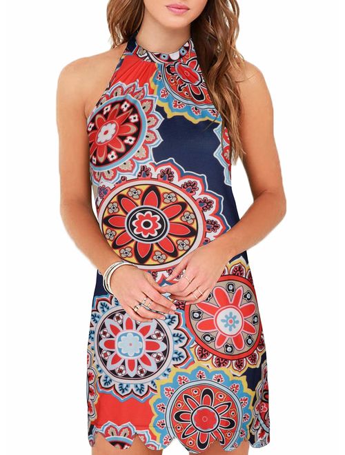 Fantaist Women's Sleeveless Halter Neck Patchwork Lace Mini Casual Shift Dress