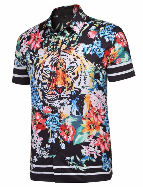 URRU Men's Casual Tiger Floral Printed Hawaiian Shirts Short Sleeve Button Down Aloha Summer Tops S-XXL