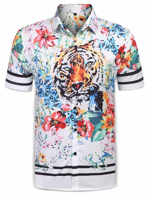 URRU Men's Casual Tiger Floral Printed Hawaiian Shirts Short Sleeve Button Down Aloha Summer Tops S-XXL