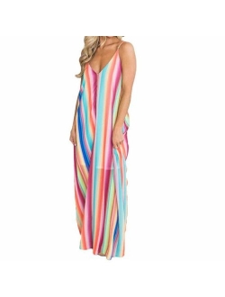 Milky Way Women Striped Dress Beach Sexy Backless Deep V Dress Fashion Slim Slip Casual Dress Colorful Striped Dress