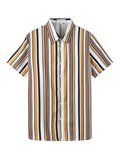 APRAW Mens Fashion Short Sleeve Casual Slim Fit Vertical Striped Button Down Shirts