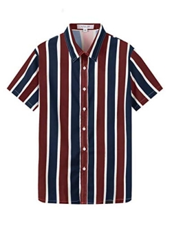 APRAW Mens Fashion Short Sleeve Casual Slim Fit Vertical Striped Button Down Shirts