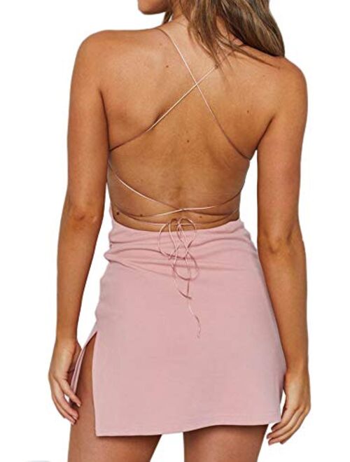 Eliacher Backless Dress Women's Spaghetti Strap Sexy Clubwear Bodycon Mini Dress