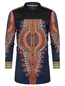 Men's African Dashiki Print Shirt Long Sleeve Button Down Shirt Bright Color Tribal Top Shirt