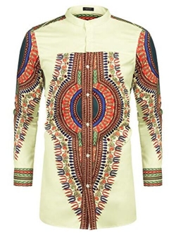 Men's African Dashiki Print Shirt Long Sleeve Button Down Shirt Bright Color Tribal Top Shirt