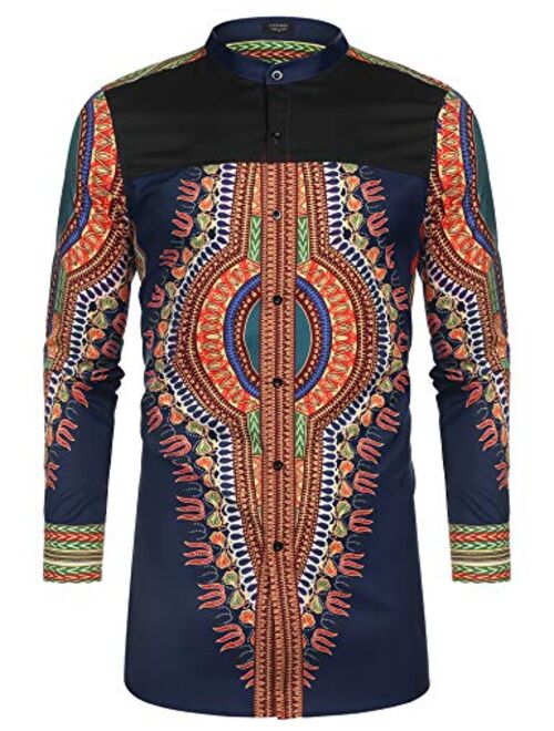 COOFANDY Men's African Dashiki Print Shirt Long Sleeve Button Down Shirt Bright Color Tribal Top Shirt