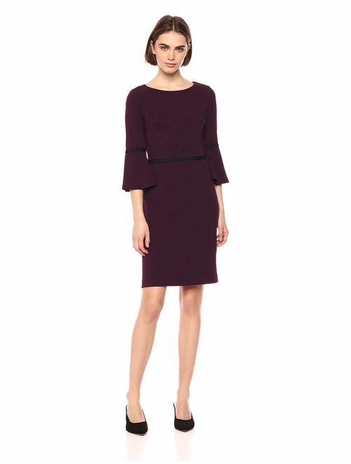 Tommy Hilfiger Women's Scuba Crepe Bell Sleeve Dress with Gold Piping