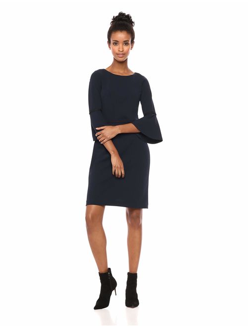 Tommy Hilfiger Women's Scuba Crepe Bell Sleeve Dress with Gold Piping