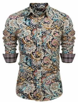 Men's Floral Dress Shirt Slim Fit Casual Paisley Printed Shirt Long Sleeve Button Down Shirts