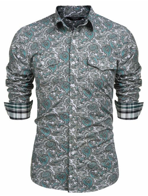 COOFANDY Men's Floral Dress Shirt Slim Fit Casual Paisley Printed Shirt Long Sleeve Button Down Shirts