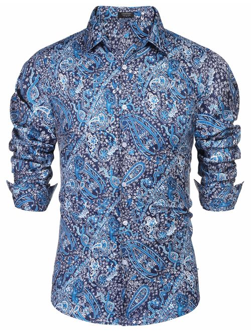 COOFANDY Men's Floral Dress Shirt Slim Fit Casual Paisley Printed Shirt Long Sleeve Button Down Shirts