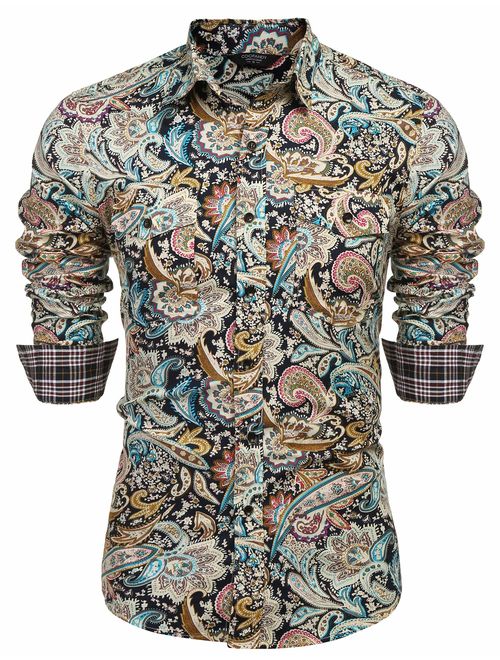 COOFANDY Men's Floral Dress Shirt Slim Fit Casual Paisley Printed Shirt Long Sleeve Button Down Shirts