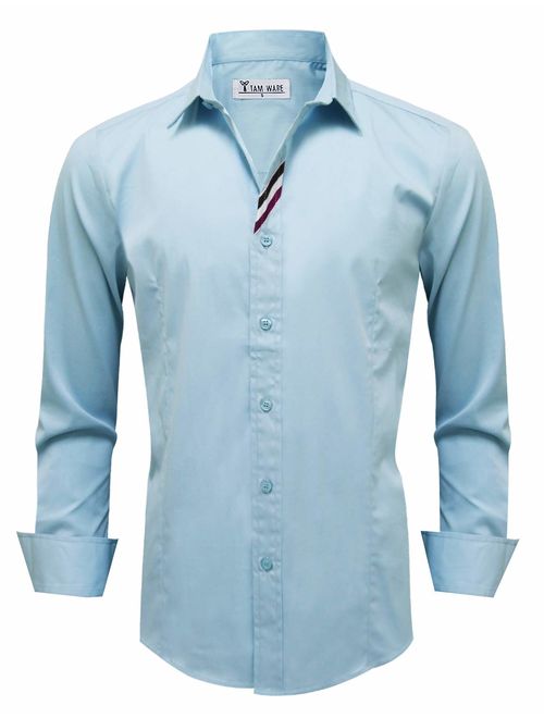 TAM WARE Mens Casual Slim Fit Contrast Inner Long Sleeve Button Down Shirt