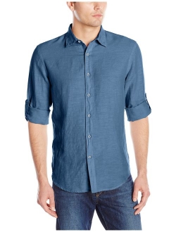 Men's Rolled-Sleeve Solid Linen Cotton Button-up Shirt