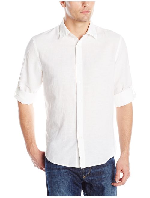 Perry Ellis Men's Rolled-Sleeve Solid Linen Cotton Button-up Shirt