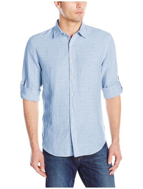 Perry Ellis Men's Rolled-Sleeve Solid Linen Cotton Button-up Shirt