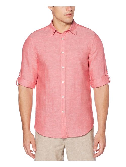 Perry Ellis Men's Rolled-Sleeve Solid Linen Cotton Button-up Shirt