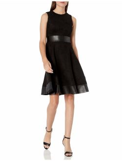 Women's Sleeveless Fit and Flare Dress with Faux Leather Trim