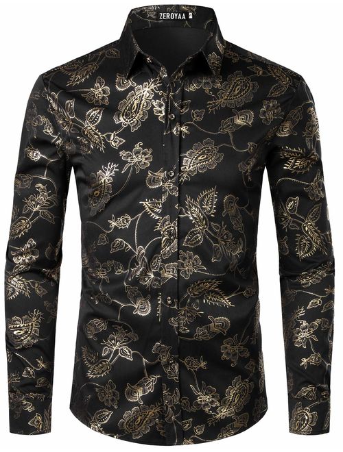 ZEROYAA Men's Geek Rose Gold Shiny Flowered Printed Stylish Slim Fit Long Sleeve Button Down Shirt