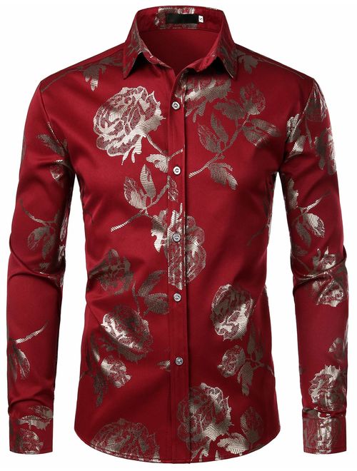 ZEROYAA Men's Geek Rose Gold Shiny Flowered Printed Stylish Slim Fit Long Sleeve Button Down Shirt