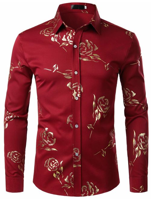 ZEROYAA Men's Geek Rose Gold Shiny Flowered Printed Stylish Slim Fit Long Sleeve Button Down Shirt