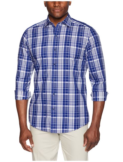 BUTTONED DOWN Men's Tailored Fit Supima Cotton Spread-Collar Dress Casual Shirt, Navy/White Plaid, 20-20.5" Neck 38-39" Sleeve (Big and Tall)