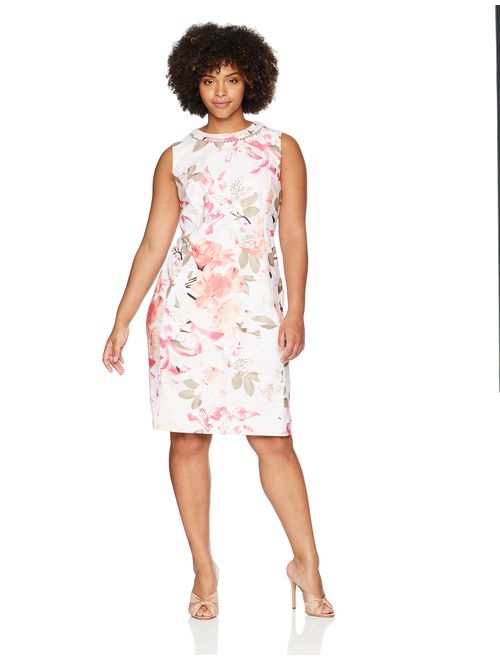 Calvin Klein Women's Plus Size Printed Sheath Dress with Pearls at Neck