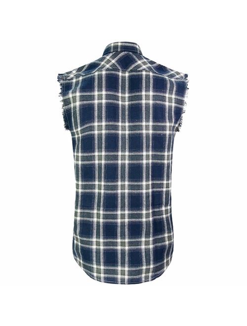 MCULIVOD Sleeveless Plaid Snap-Front Shirt for Men, Cowboy Button Down Shitrs Navy Blue,XX-Large