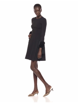 Women's Long Sleeve Fit and Flare Dress with Faux Fur Trim