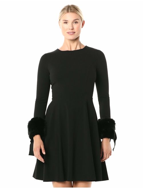 Calvin Klein Women's Long Sleeve Fit and Flare Dress with Faux Fur Trim