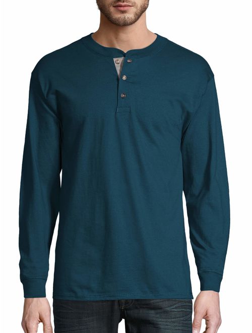 Hanes Men's and Big Men's Beefy Heavyweight Long Sleeve Three-Button Henley, Up To Size 3XL