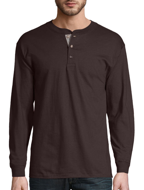 Hanes Men's and Big Men's Beefy Heavyweight Long Sleeve Three-Button Henley, Up To Size 3XL