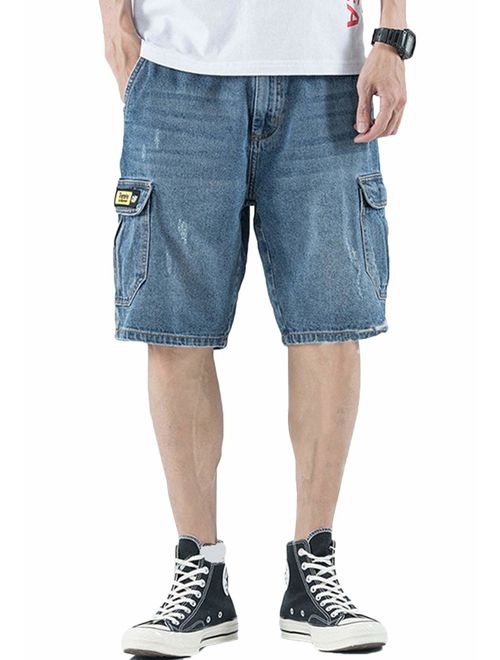 Flygo Mens Flat Front Straight Leg Loose Denim Cargo Shorts with Pockets