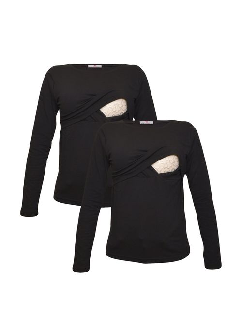 Premium Soft Cotton - Women Long Sleeve Nursing Maternity T-Shirt - 2 Piece Set