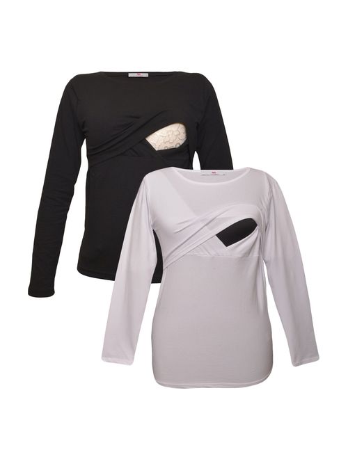 Premium Soft Cotton - Women Long Sleeve Nursing Maternity T-Shirt - 2 Piece Set