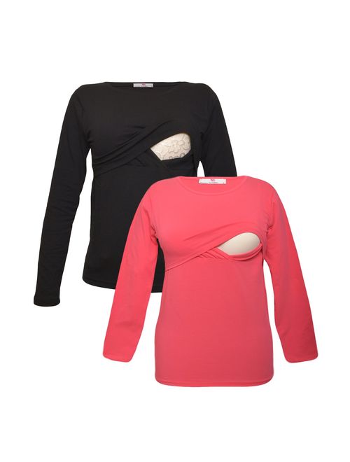 Premium Soft Cotton - Women Long Sleeve Nursing Maternity T-Shirt - 2 Piece Set