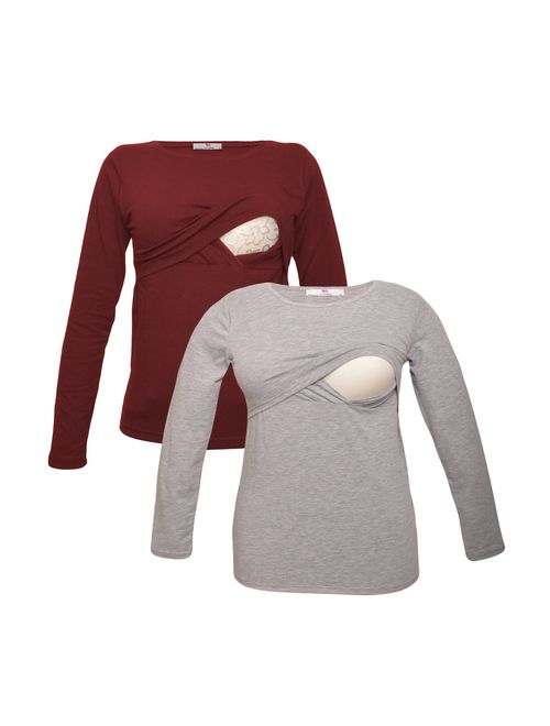 Premium Soft Cotton - Women Long Sleeve Nursing Maternity T-Shirt - 2 Piece Set