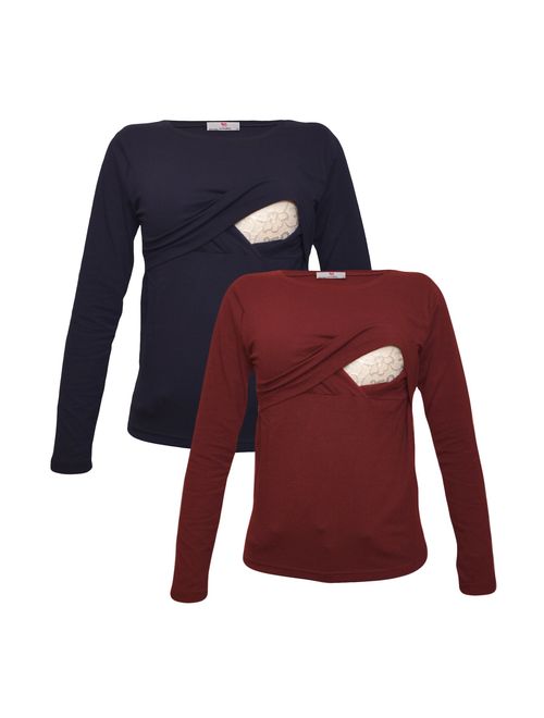 Premium Soft Cotton - Women Long Sleeve Nursing Maternity T-Shirt - 2 Piece Set