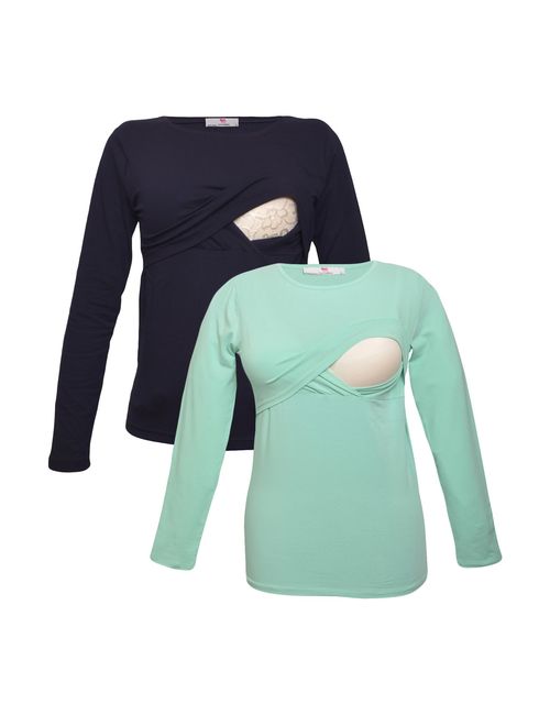 Premium Soft Cotton - Women Long Sleeve Nursing Maternity T-Shirt - 2 Piece Set