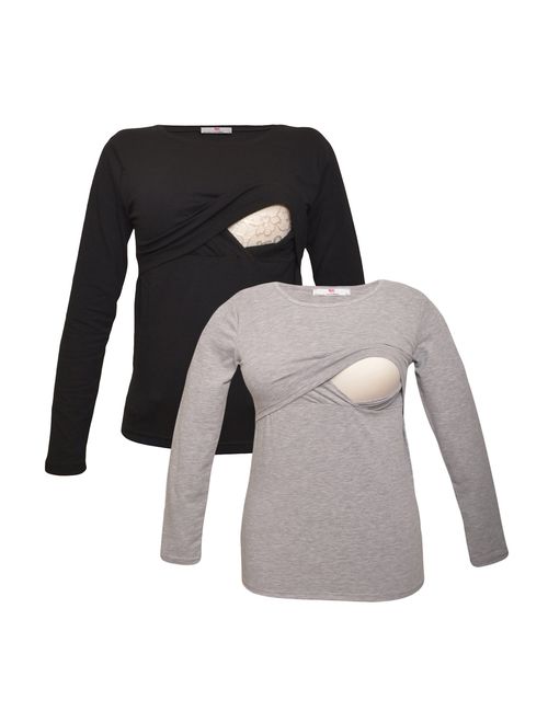 Premium Soft Cotton - Women Long Sleeve Nursing Maternity T-Shirt - 2 Piece Set