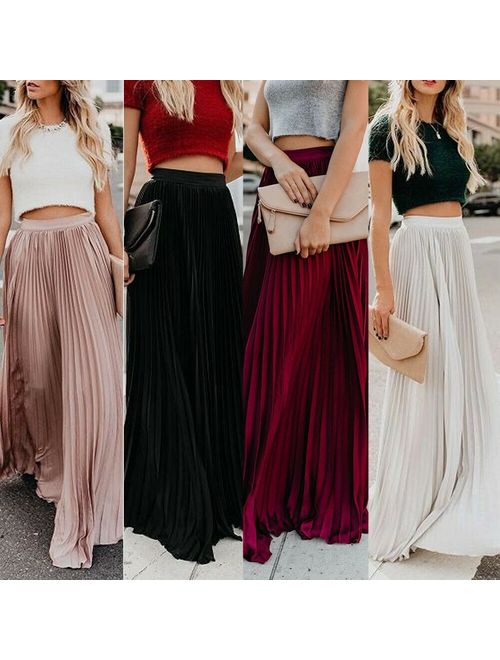 Meihuida Fashion Women High Waist Chiffon Flared Pleated Long Skirt