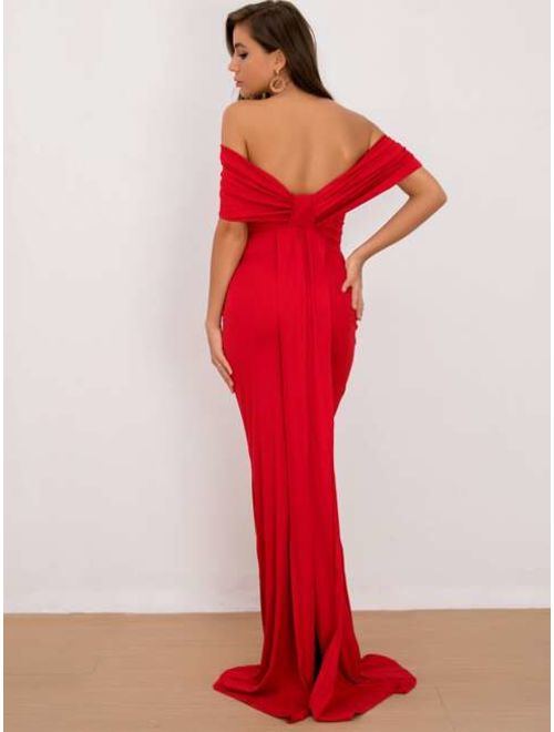 Shein Joyfunear Off Shoulder Overlap Length Floor Prom Dress