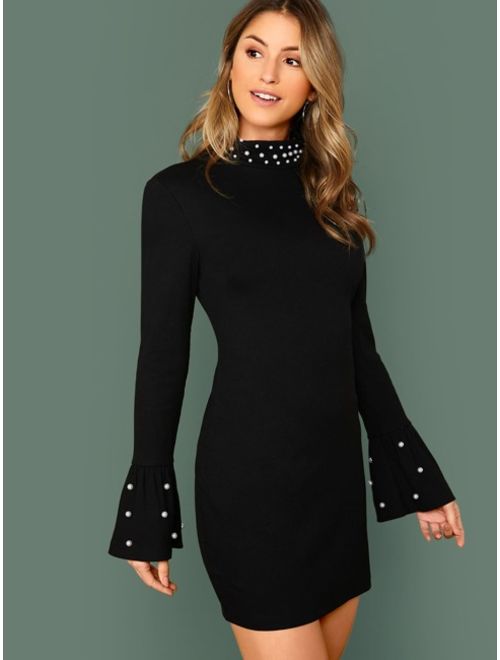Buy Shein Pearl Beaded Bell Sleeve Bodycon Dress online | Topofstyle