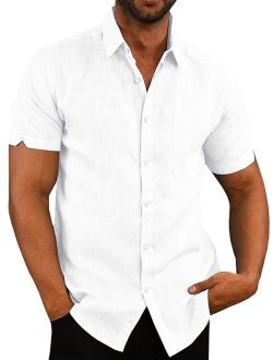 Mens Button Down Shirts Casual Short Sleeve Linen Tops Cotton Lightweight Fishing Tees Spread Collar Plain Shirt